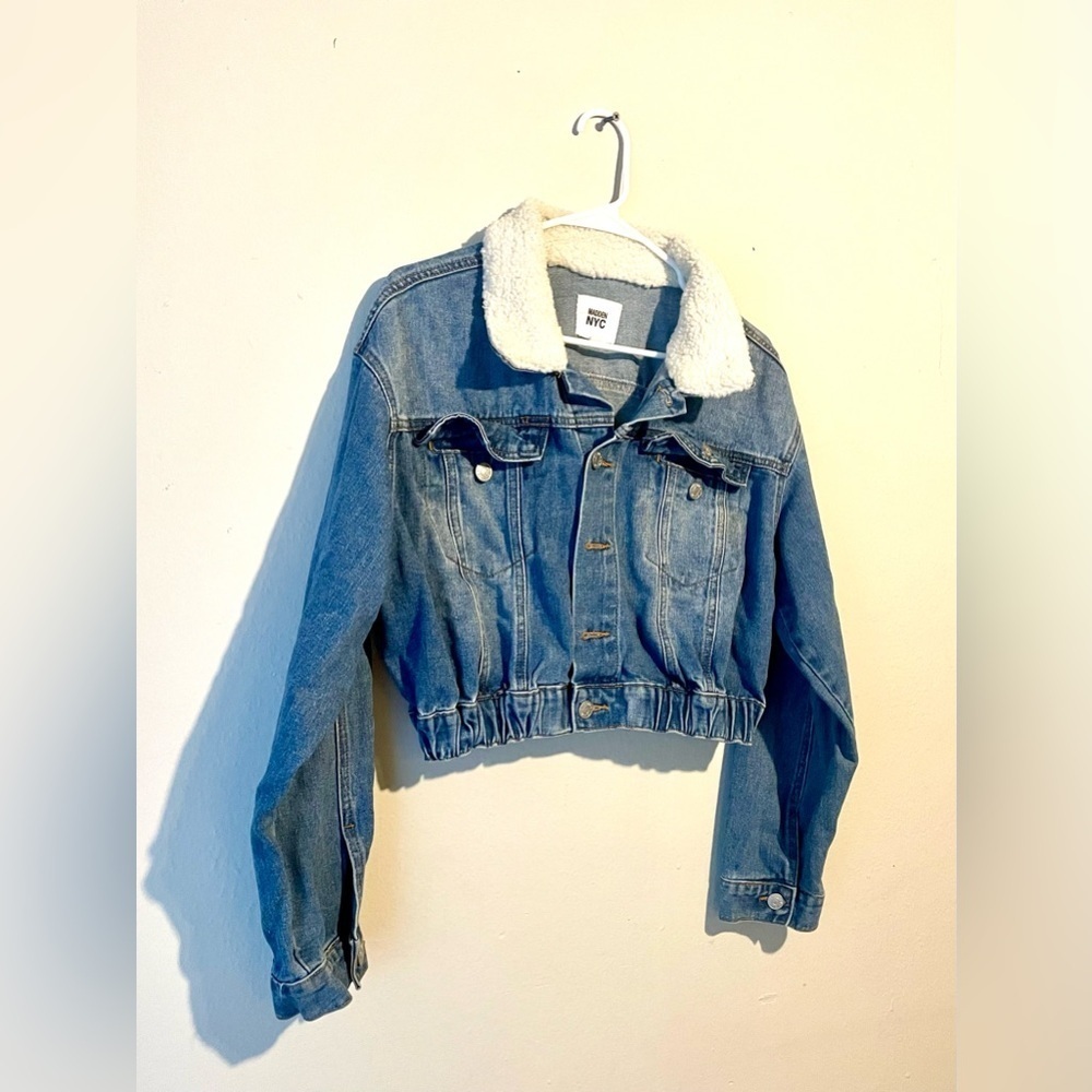Madden NYC Blue Denim‎ Jean Cropped Jacket Sherpa Collar Womens L Preppy Y2K - Picture 3 of 8